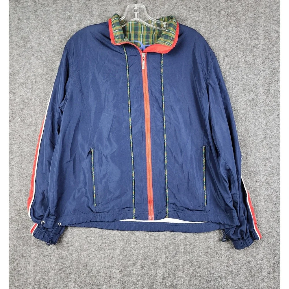 Oleg Cassini Sport Windbreaker Mens Medium Navy Blue Plaid Lined Vintage Jacket